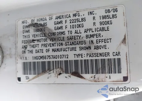 2007 Honda Accord 2.4 Ex from USA, damaged, VIN 1HGCM56757A010712